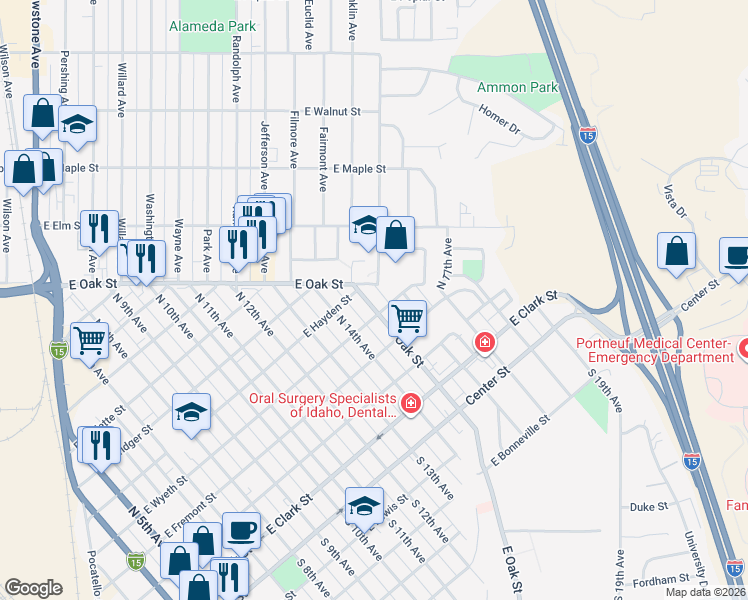 map of restaurants, bars, coffee shops, grocery stores, and more near 526 North 15th Avenue in Pocatello