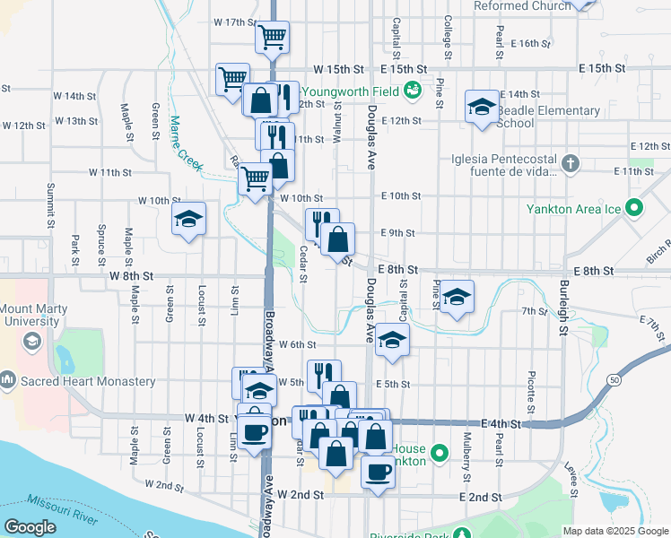 map of restaurants, bars, coffee shops, grocery stores, and more near 717 Walnut Street in Yankton