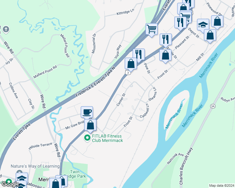 map of restaurants, bars, coffee shops, grocery stores, and more near 144 London Court in Merrimack