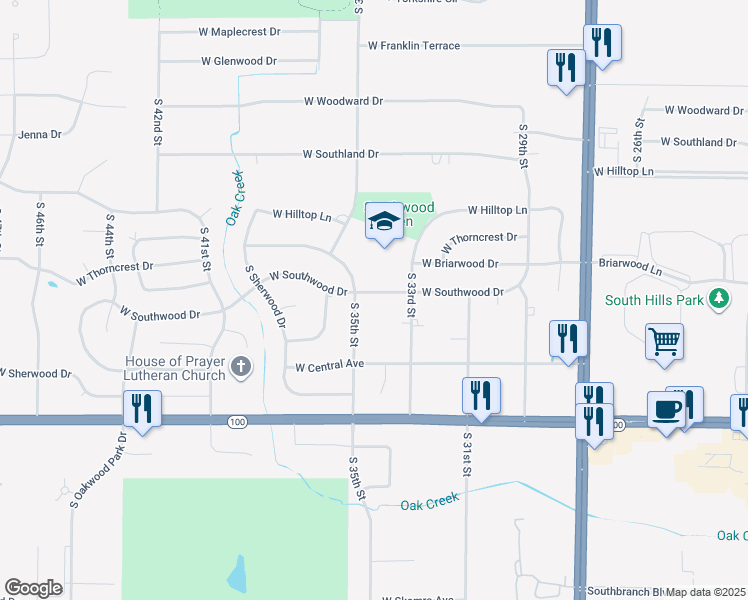 map of restaurants, bars, coffee shops, grocery stores, and more near 3435 West Southwood Drive in Franklin