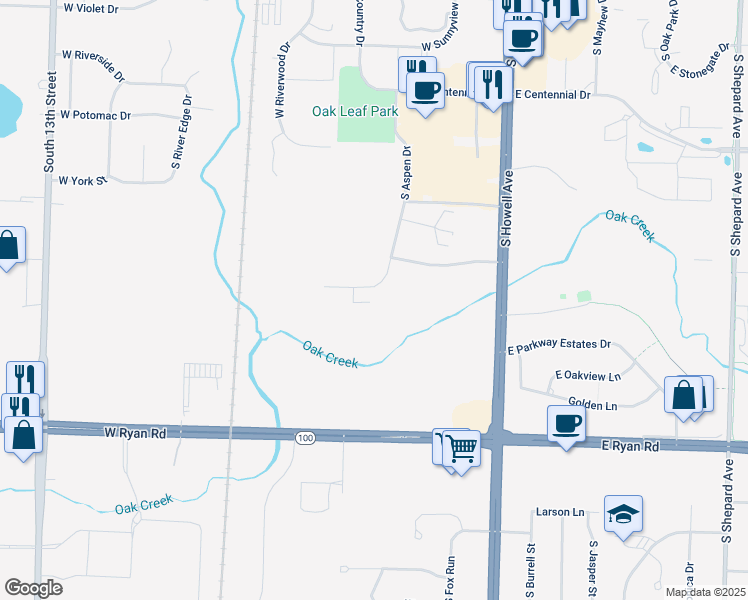 map of restaurants, bars, coffee shops, grocery stores, and more near 301 West Aspen Drive in Oak Creek