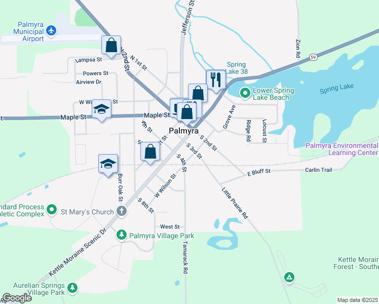 map of restaurants, bars, coffee shops, grocery stores, and more near 409 West Wilson Street in Palmyra