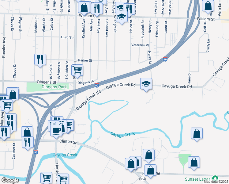 map of restaurants, bars, coffee shops, grocery stores, and more near 207 Cayuga Creek Road in Buffalo