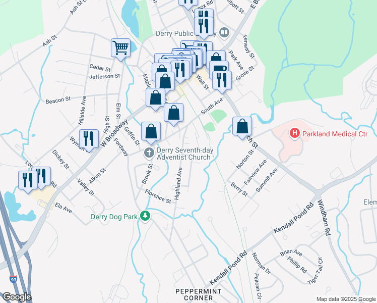 map of restaurants, bars, coffee shops, grocery stores, and more near 5 Davis Court in Derry