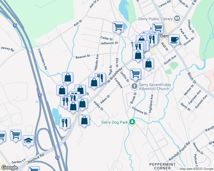 map of restaurants, bars, coffee shops, grocery stores, and more near 9 Aiken Street in Derry