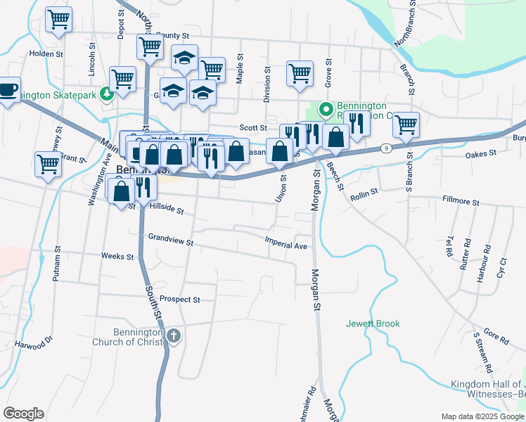 map of restaurants, bars, coffee shops, grocery stores, and more near 8 Hamlin Avenue in Bennington