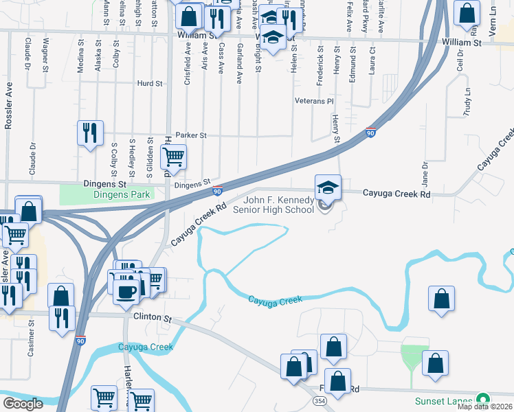 map of restaurants, bars, coffee shops, grocery stores, and more near 207 Cayuga Creek Road in Buffalo