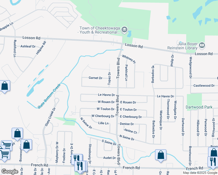 map of restaurants, bars, coffee shops, grocery stores, and more near 166 Whitney Place in Cheektowaga