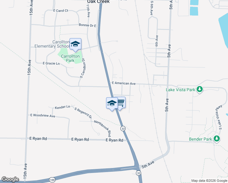 map of restaurants, bars, coffee shops, grocery stores, and more near 9280 South Chicago Road in Oak Creek
