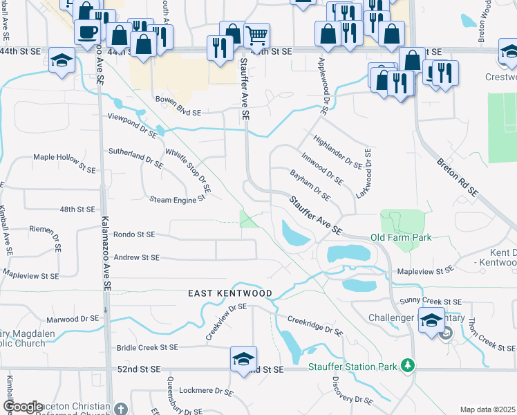 map of restaurants, bars, coffee shops, grocery stores, and more near 4761 Circle Shore Drive Southeast in Kentwood