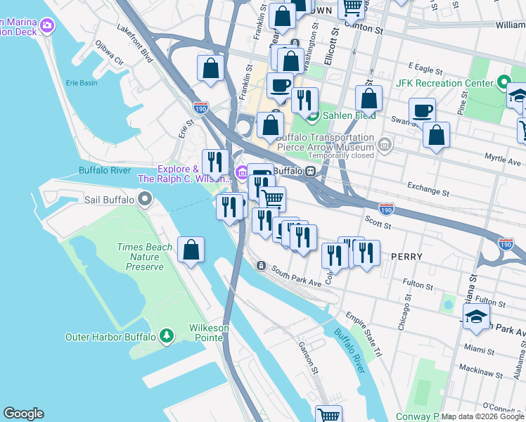 map of restaurants, bars, coffee shops, grocery stores, and more near 75 Main Street in Buffalo