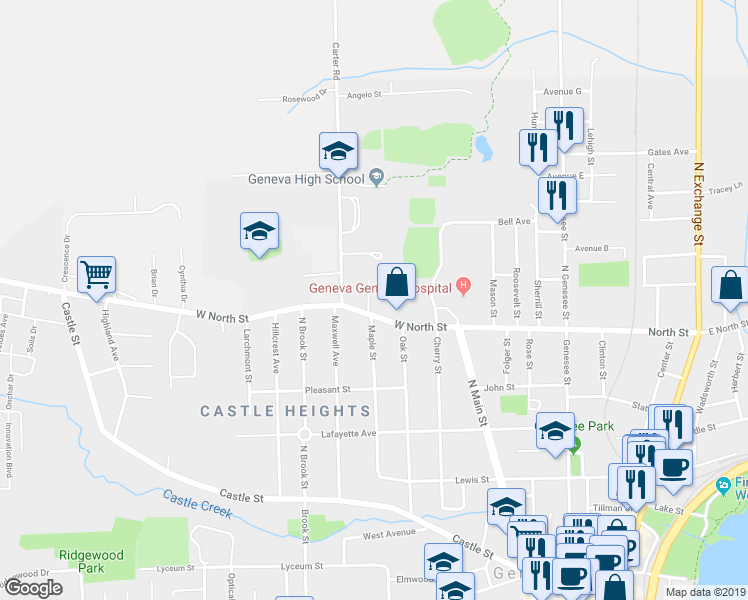 map of restaurants, bars, coffee shops, grocery stores, and more near 14 Clover Street in Geneva