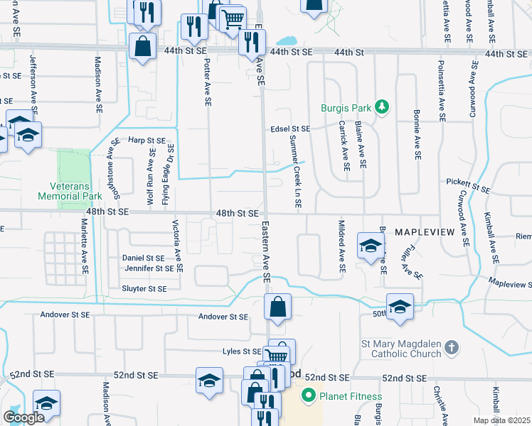 map of restaurants, bars, coffee shops, grocery stores, and more near Eastern Ave SE & 48th St SE in Kentwood