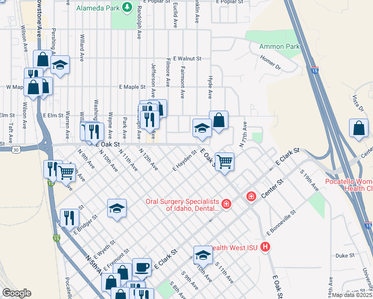 map of restaurants, bars, coffee shops, grocery stores, and more near 1505 East Hayden Street in Pocatello