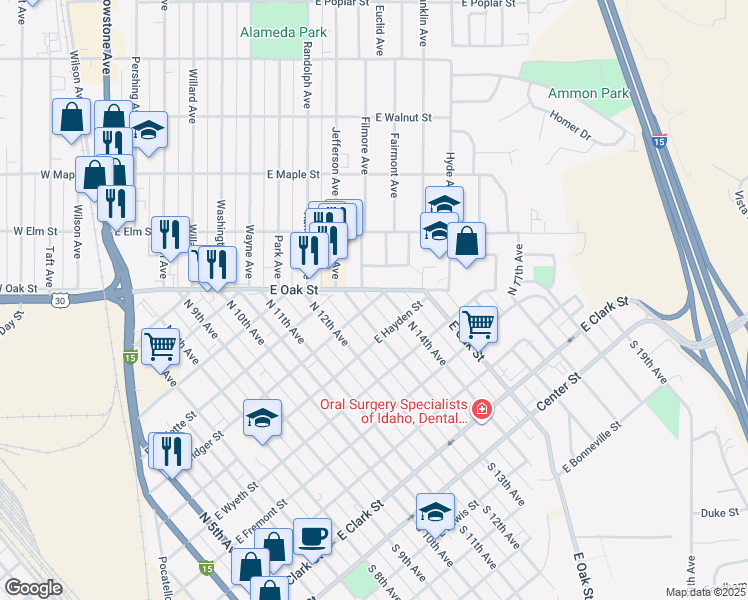map of restaurants, bars, coffee shops, grocery stores, and more near 634 North 13th Avenue in Pocatello