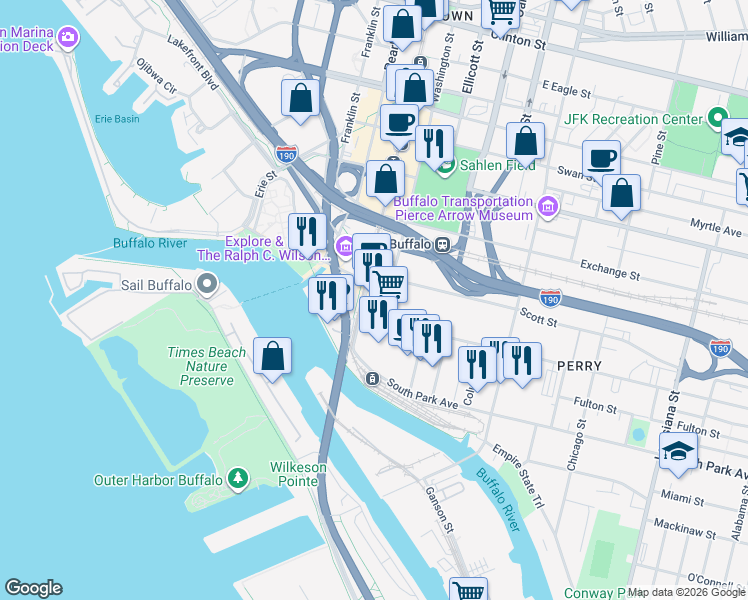 map of restaurants, bars, coffee shops, grocery stores, and more near 1 Seymour H Knox III Plaza in Buffalo
