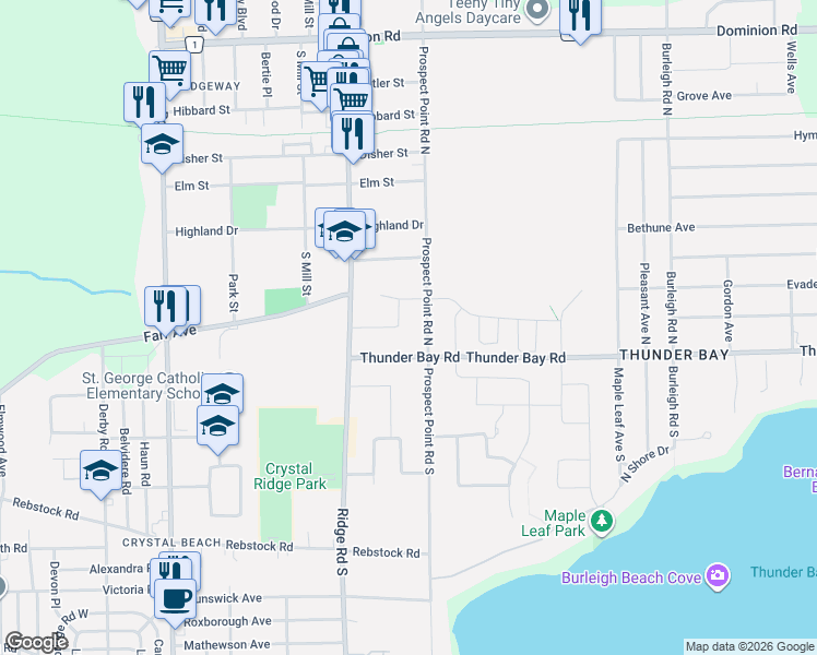 map of restaurants, bars, coffee shops, grocery stores, and more near 3610 Thunder Bay Road in Fort Erie