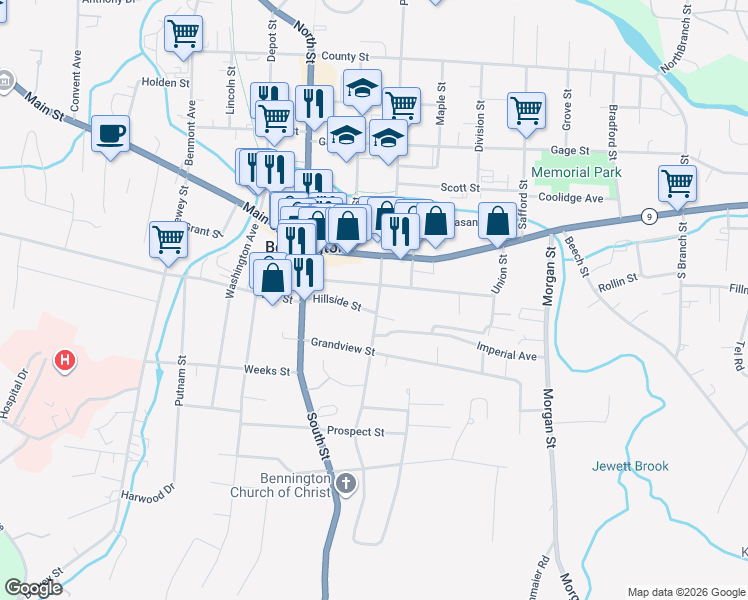 map of restaurants, bars, coffee shops, grocery stores, and more near 214 Silver Street in Bennington