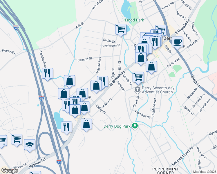map of restaurants, bars, coffee shops, grocery stores, and more near 9 Aiken Street in Derry