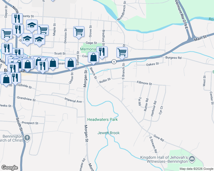 map of restaurants, bars, coffee shops, grocery stores, and more near 211 Beech Street in Bennington