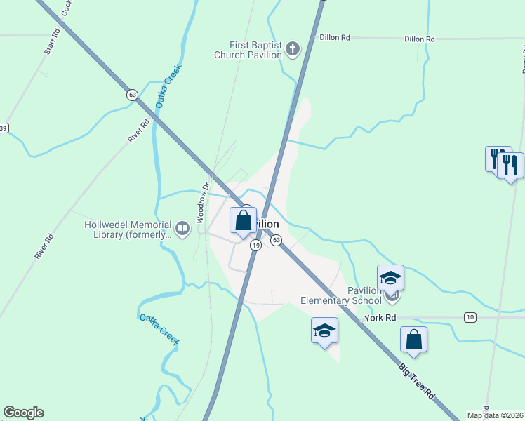 map of restaurants, bars, coffee shops, grocery stores, and more near in Pavilion