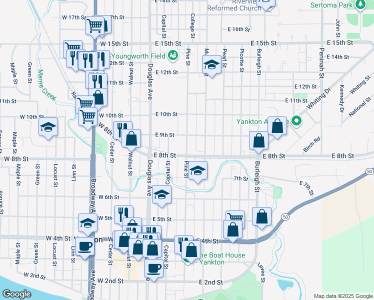 map of restaurants, bars, coffee shops, grocery stores, and more near 816 Pine Street in Yankton