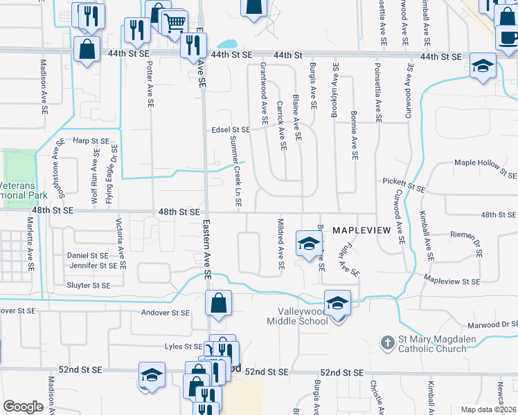map of restaurants, bars, coffee shops, grocery stores, and more near 4747 Marshall Avenue Southeast in Kentwood