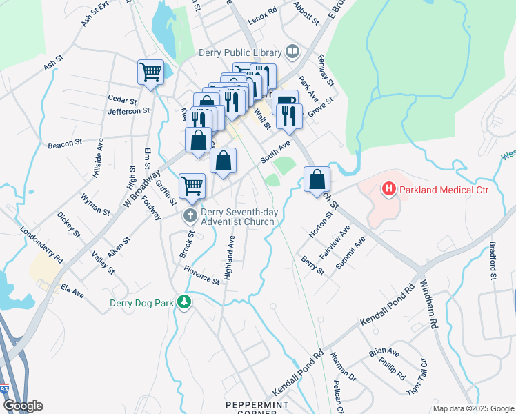 map of restaurants, bars, coffee shops, grocery stores, and more near 3 Nutfield Court in Derry