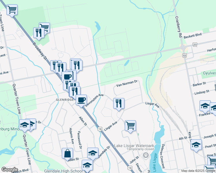 map of restaurants, bars, coffee shops, grocery stores, and more near 3 Erie Court in Tillsonburg