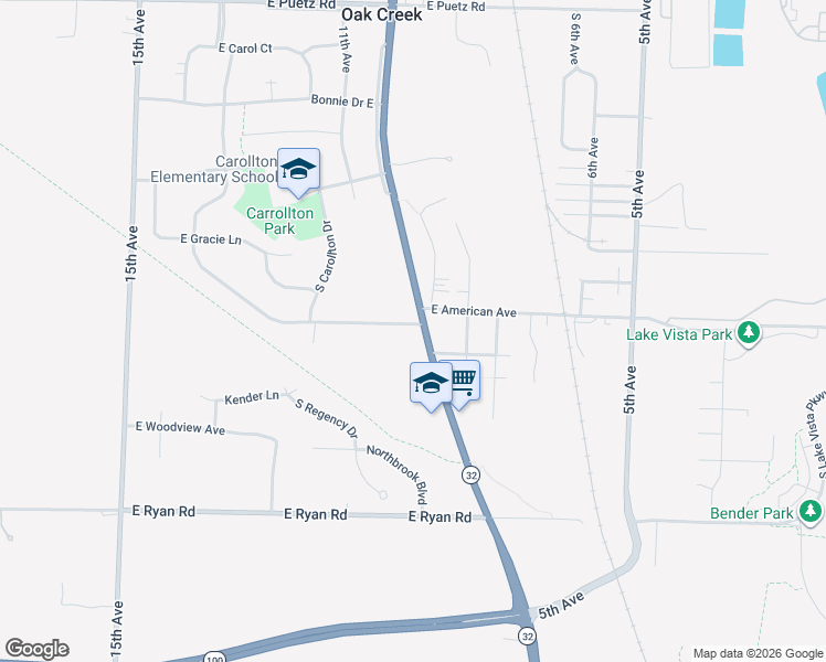 map of restaurants, bars, coffee shops, grocery stores, and more near 3624 East American Avenue in Oak Creek