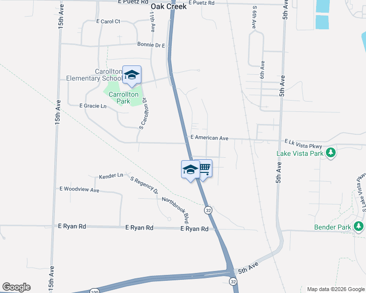 map of restaurants, bars, coffee shops, grocery stores, and more near 3624 East American Avenue in Oak Creek