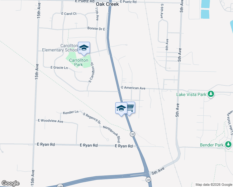 map of restaurants, bars, coffee shops, grocery stores, and more near 3624 East American Avenue in Oak Creek