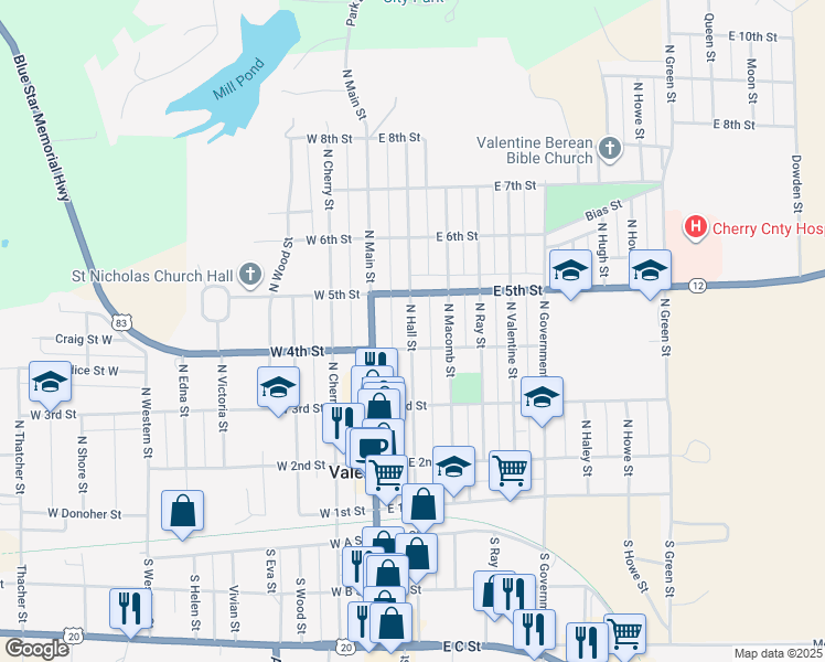 map of restaurants, bars, coffee shops, grocery stores, and more near 431 North Hall Street in Valentine