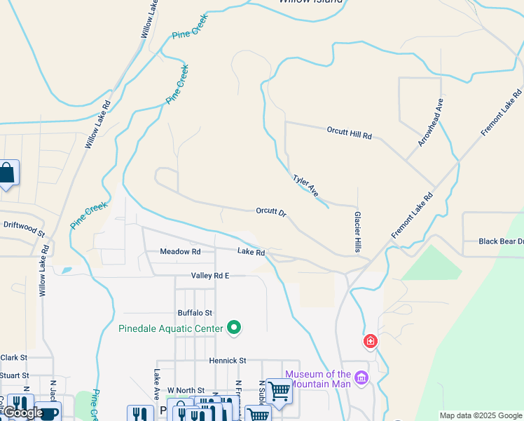 map of restaurants, bars, coffee shops, grocery stores, and more near Orcutt Drive in Pinedale
