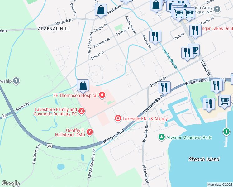 map of restaurants, bars, coffee shops, grocery stores, and more near 196 Parrish Street in Canandaigua