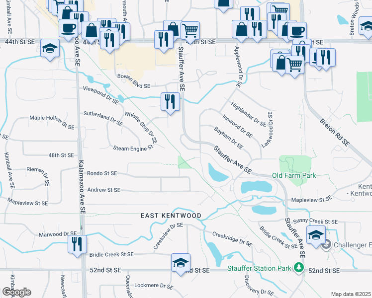 map of restaurants, bars, coffee shops, grocery stores, and more near 4751 Circle Shore Drive Southeast in Kentwood
