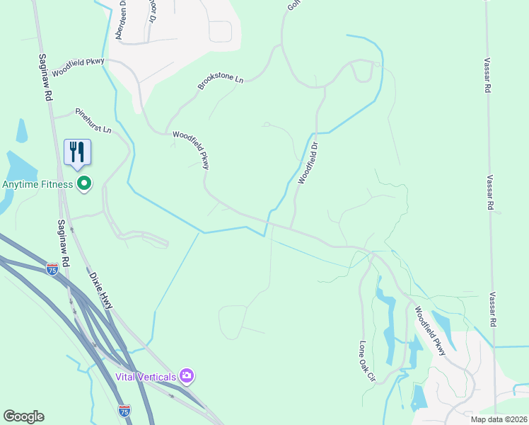 map of restaurants, bars, coffee shops, grocery stores, and more near 5721 Woodfield Parkway in Grand Blanc