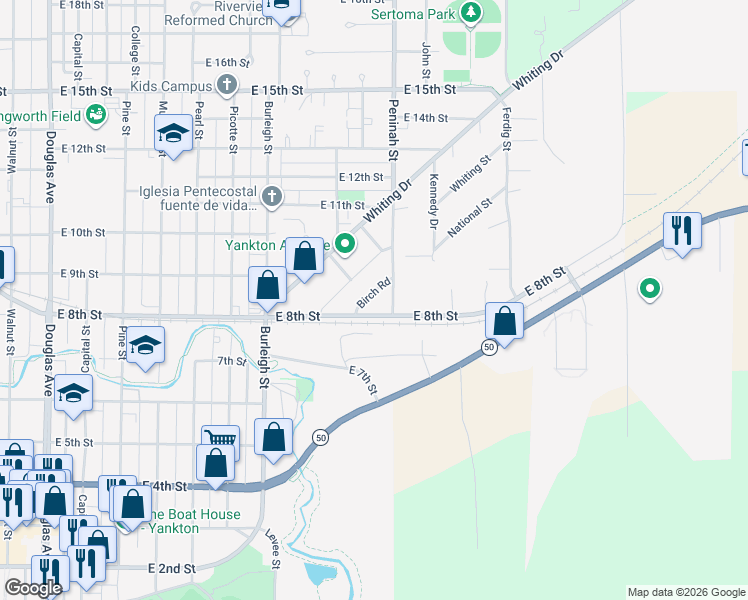 map of restaurants, bars, coffee shops, grocery stores, and more near 810 Birch Road in Yankton