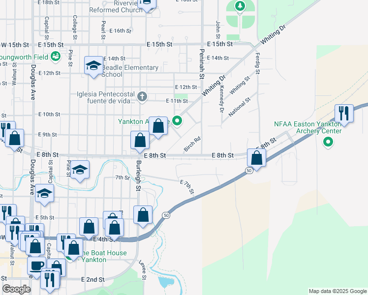 map of restaurants, bars, coffee shops, grocery stores, and more near 804 Birch Road in Yankton
