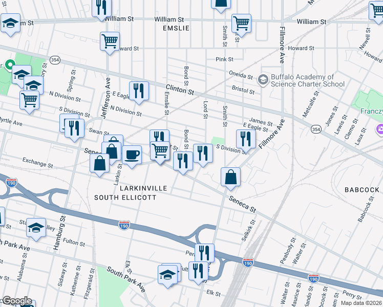 map of restaurants, bars, coffee shops, grocery stores, and more near 767 South Division Street in Buffalo