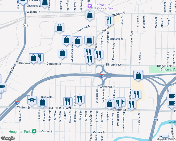 map of restaurants, bars, coffee shops, grocery stores, and more near in Buffalo
