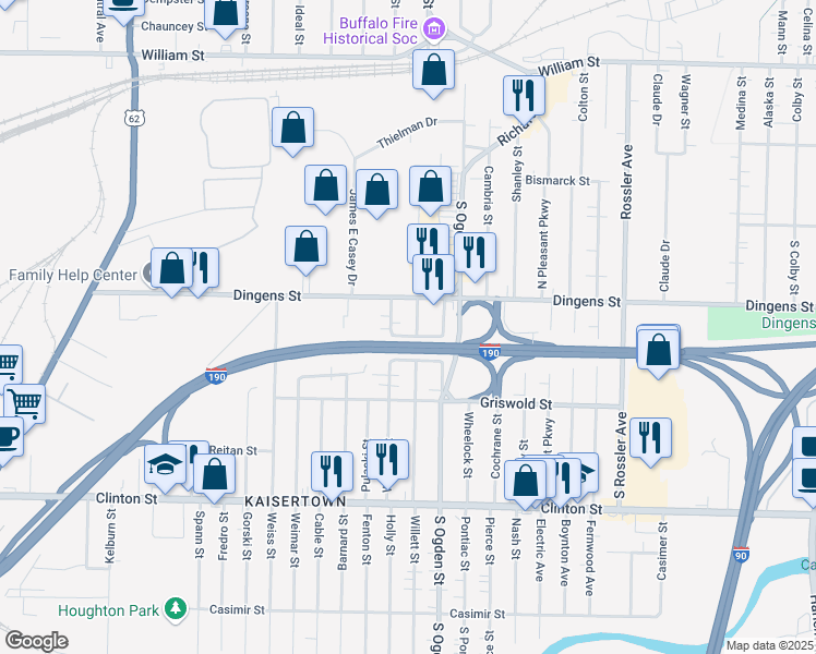 map of restaurants, bars, coffee shops, grocery stores, and more near 307 Dingens Street in Buffalo