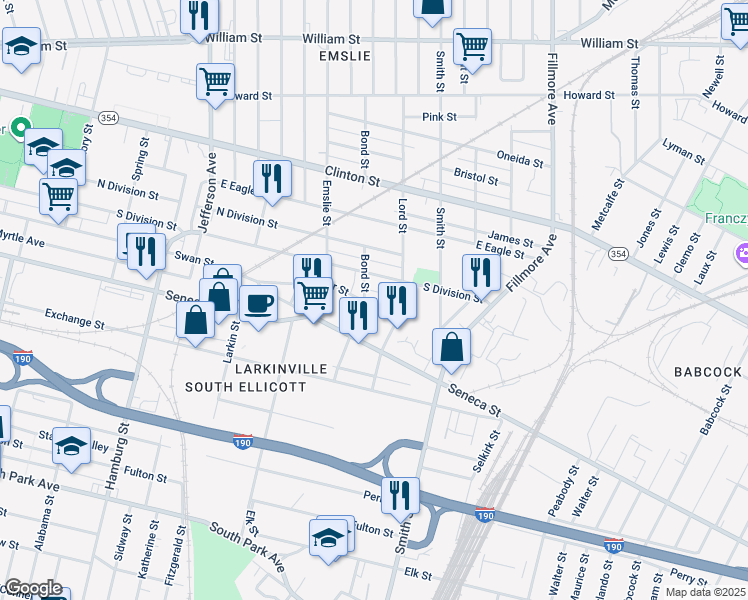 map of restaurants, bars, coffee shops, grocery stores, and more near 767 South Division Street in Buffalo
