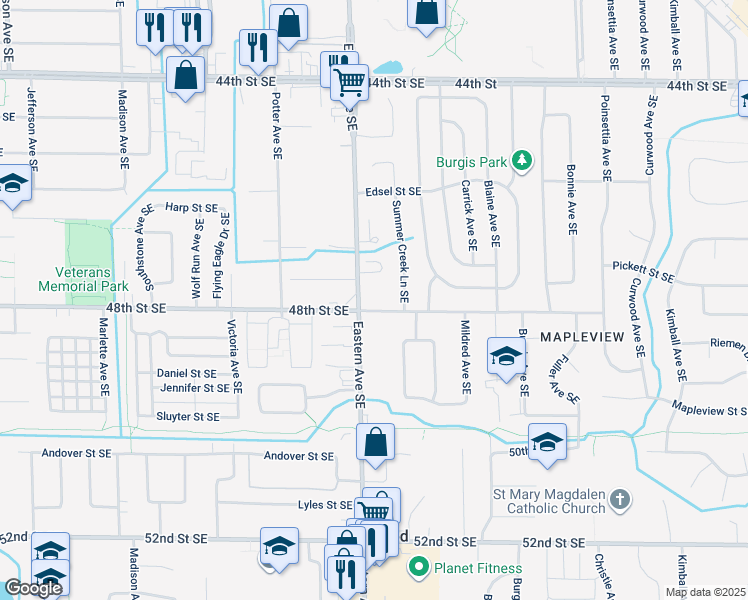 map of restaurants, bars, coffee shops, grocery stores, and more near 4755 Summer Creek Lane Southeast in Kentwood