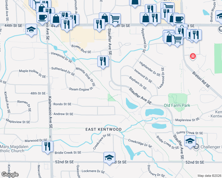 map of restaurants, bars, coffee shops, grocery stores, and more near 4723 Circle Shore Drive Southeast in Kentwood