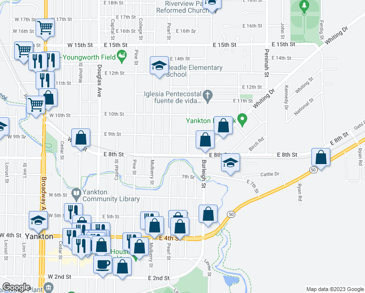 map of restaurants, bars, coffee shops, grocery stores, and more near 811 Picotte Street in Yankton