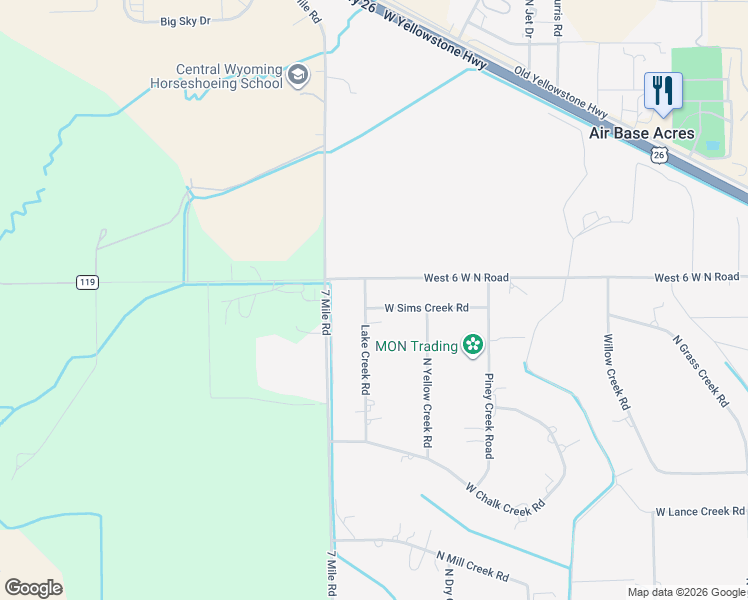 map of restaurants, bars, coffee shops, grocery stores, and more near 6035-7657 County Road 203 in Casper