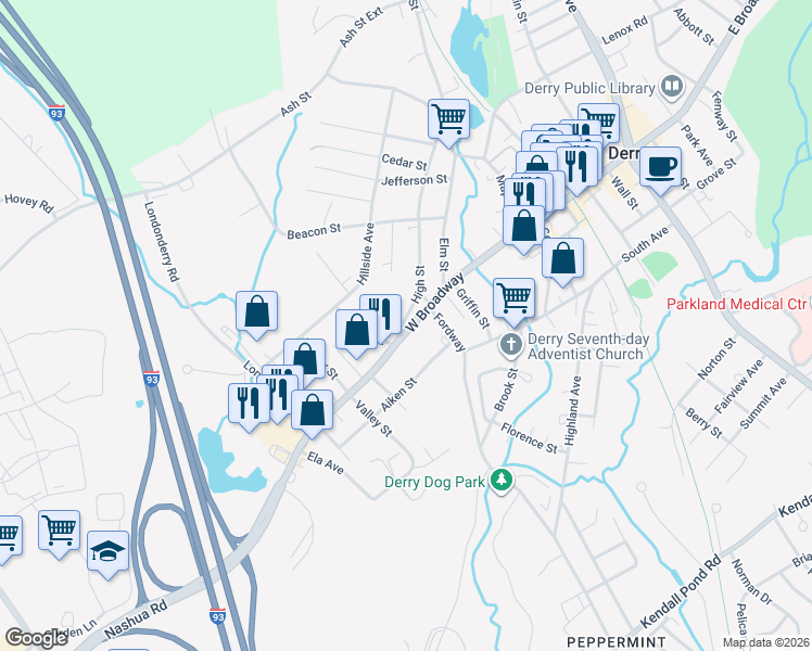 map of restaurants, bars, coffee shops, grocery stores, and more near 59 West Broadway in Derry
