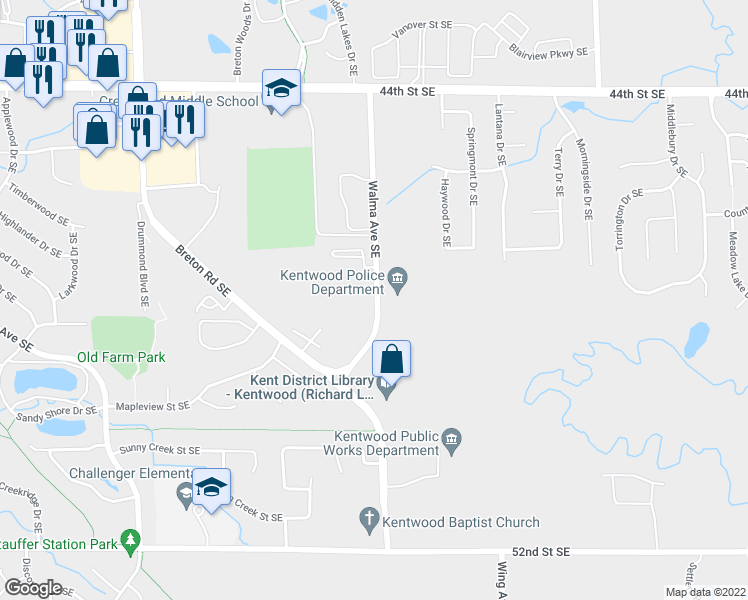 map of restaurants, bars, coffee shops, grocery stores, and more near 4761 Walma Avenue Southeast in Kentwood