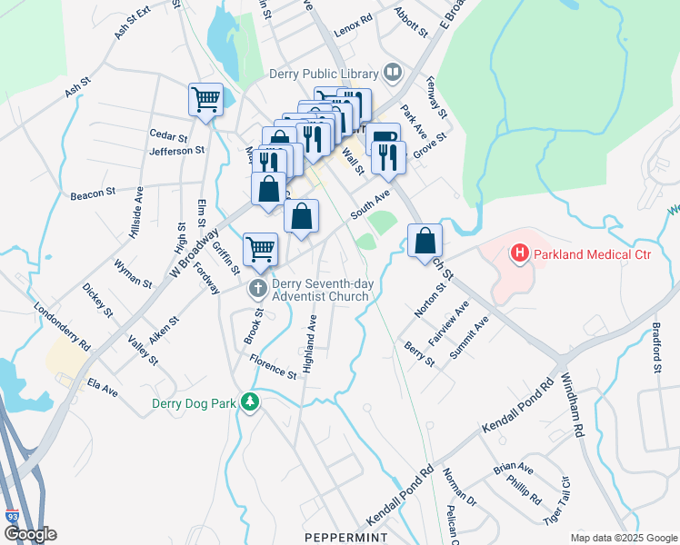 map of restaurants, bars, coffee shops, grocery stores, and more near 3 Nutfield Court in Derry